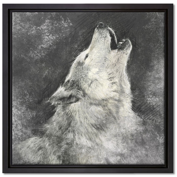 Heulender Wolf Kunst auf Leinwandbild Quadratisch gerahmt Größe 40x40