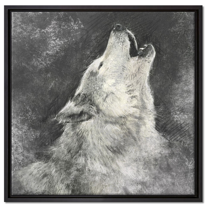 Heulender Wolf Kunst auf Leinwandbild Quadratisch gerahmt Größe 60x60