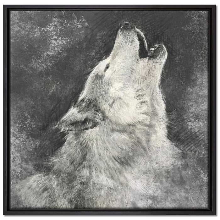 Heulender Wolf Kunst auf Leinwandbild Quadratisch gerahmt Größe 70x70