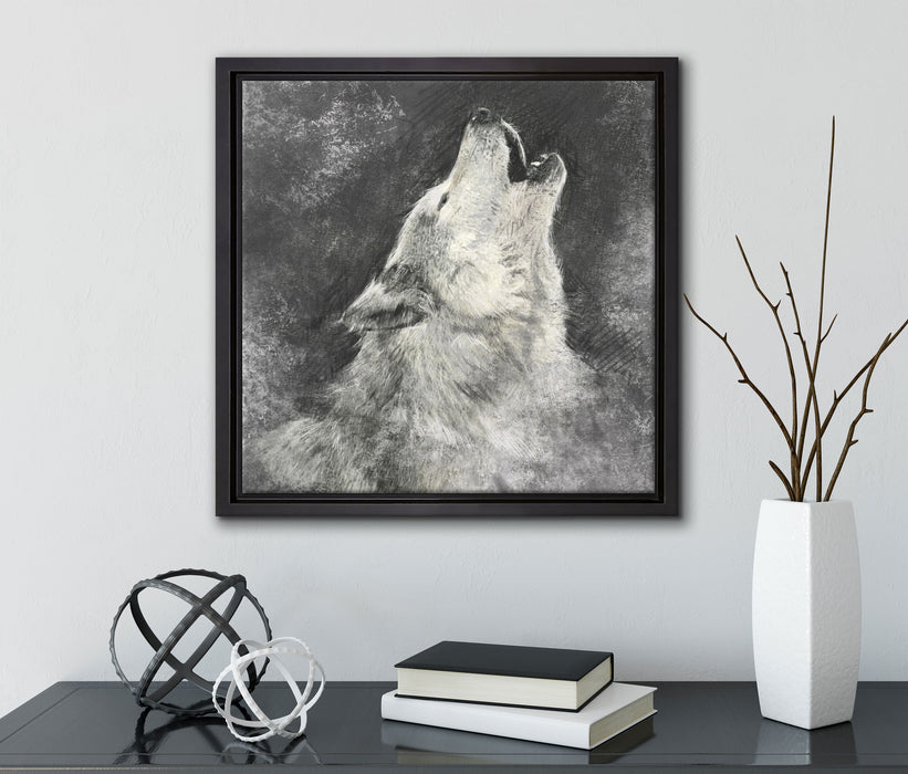 Heulender Wolf Kunst  auf Leinwandbild Quadratisch gerahmt mit Kirschblüten