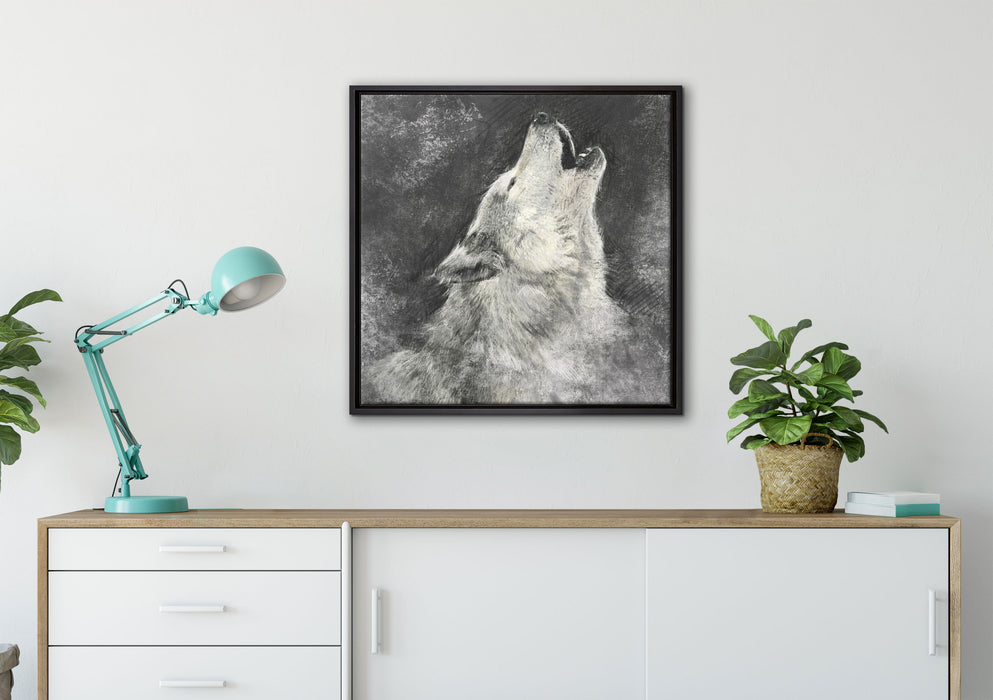 Heulender Wolf Kunst auf Leinwandbild gerahmt Quadratisch verschiedene Größen im Wohnzimmer