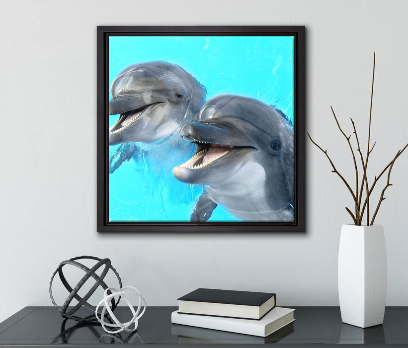 Delfinpaar  auf Leinwandbild Quadratisch gerahmt mit Kirschblüten