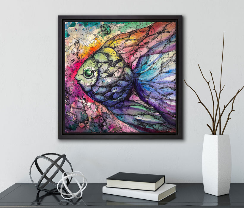 Bunte Fische Kunst  auf Leinwandbild Quadratisch gerahmt mit Kirschblüten