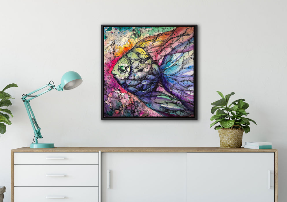 Bunte Fische Kunst auf Leinwandbild gerahmt Quadratisch verschiedene Größen im Wohnzimmer