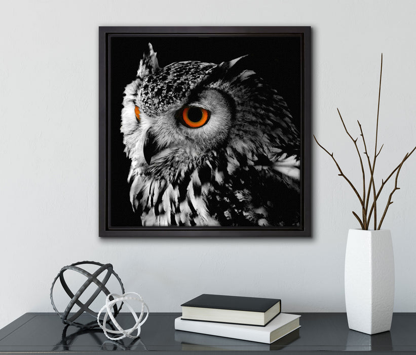 Dark Eule mit orangen Augen  auf Leinwandbild Quadratisch gerahmt mit Kirschblüten