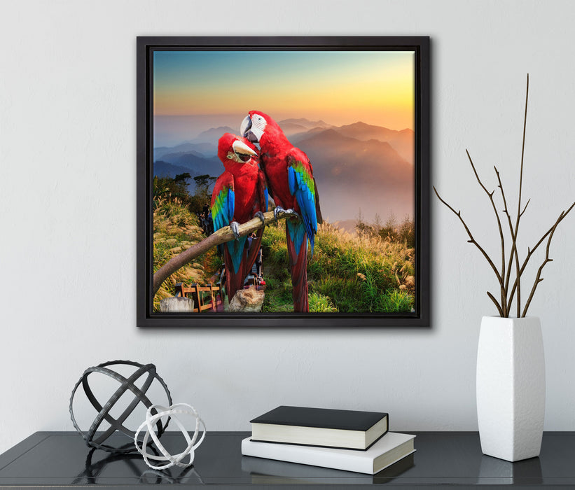 Papageien Pärchen  auf Leinwandbild Quadratisch gerahmt mit Kirschblüten