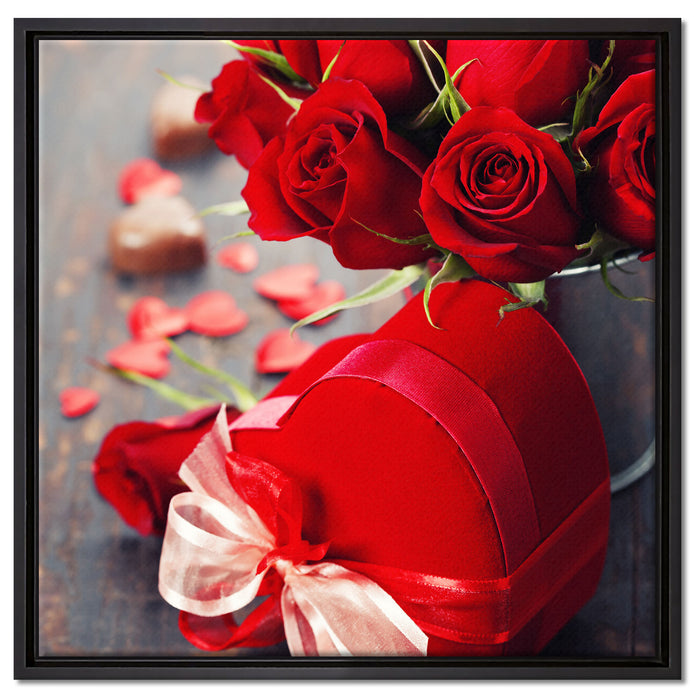 Rosen mit Herz auf Leinwandbild Quadratisch gerahmt Größe 60x60
