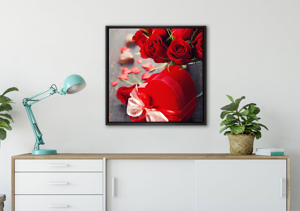 Rosen mit Herz auf Leinwandbild gerahmt Quadratisch verschiedene Größen im Wohnzimmer
