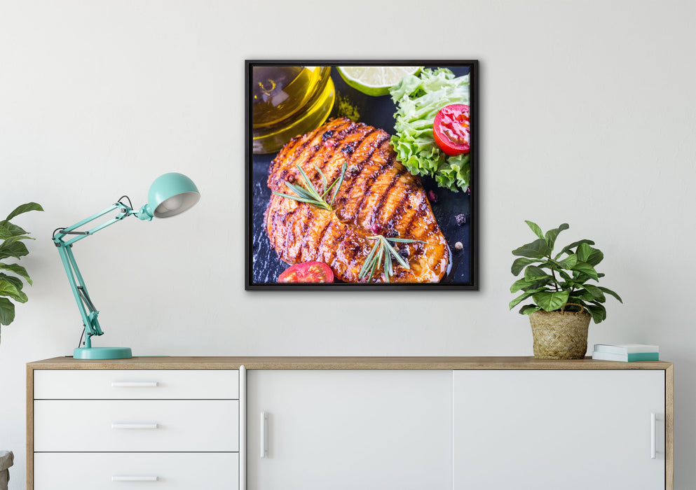 Grillmeister Steak auf Leinwandbild gerahmt Quadratisch verschiedene Größen im Wohnzimmer