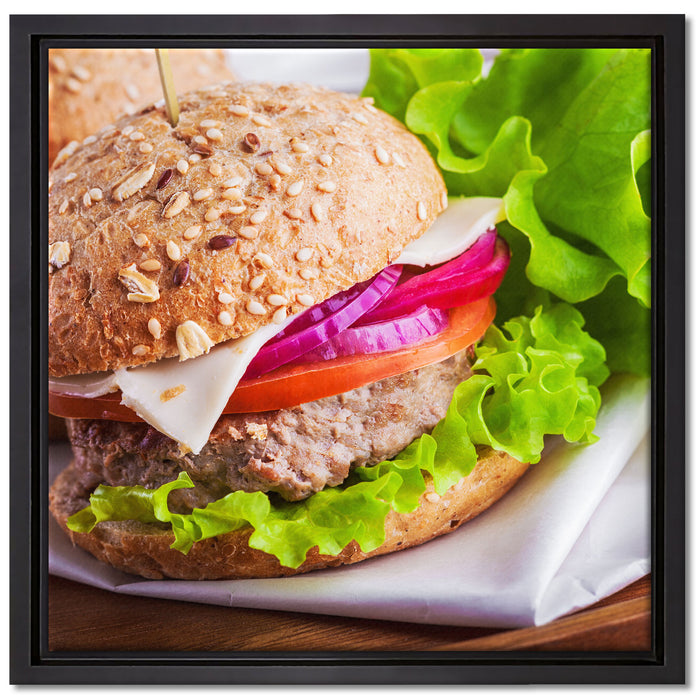 Köstlicher Hamburger auf Leinwandbild Quadratisch gerahmt Größe 40x40