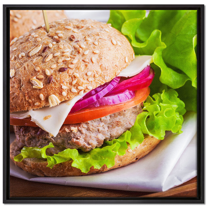 Köstlicher Hamburger auf Leinwandbild Quadratisch gerahmt Größe 70x70