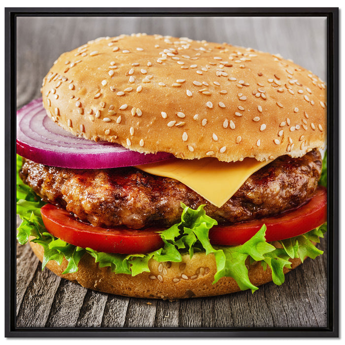 Leckerer Cheeseburger auf Leinwandbild Quadratisch gerahmt Größe 70x70