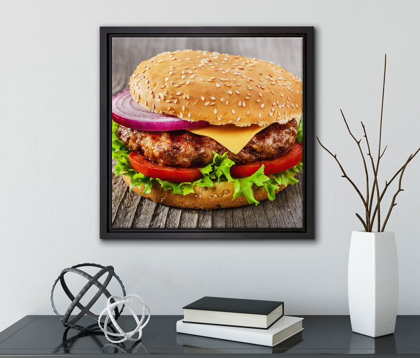 Leckerer Cheeseburger  auf Leinwandbild Quadratisch gerahmt mit Kirschblüten