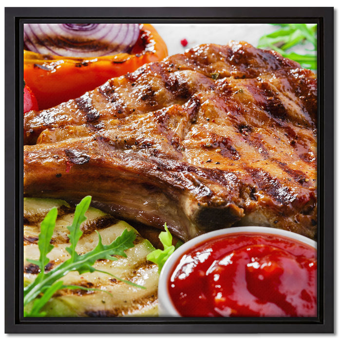 Gegrilltes Steak auf Leinwandbild Quadratisch gerahmt Größe 40x40