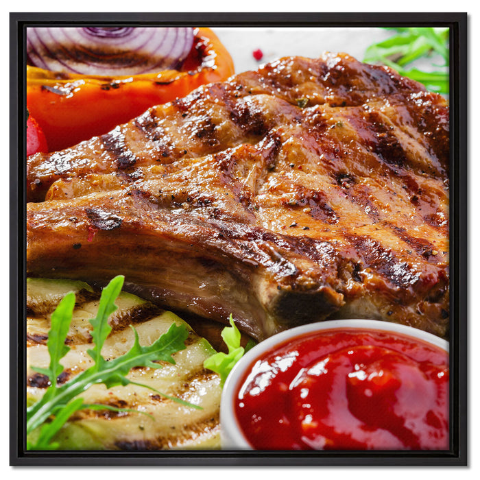 Gegrilltes Steak auf Leinwandbild Quadratisch gerahmt Größe 60x60