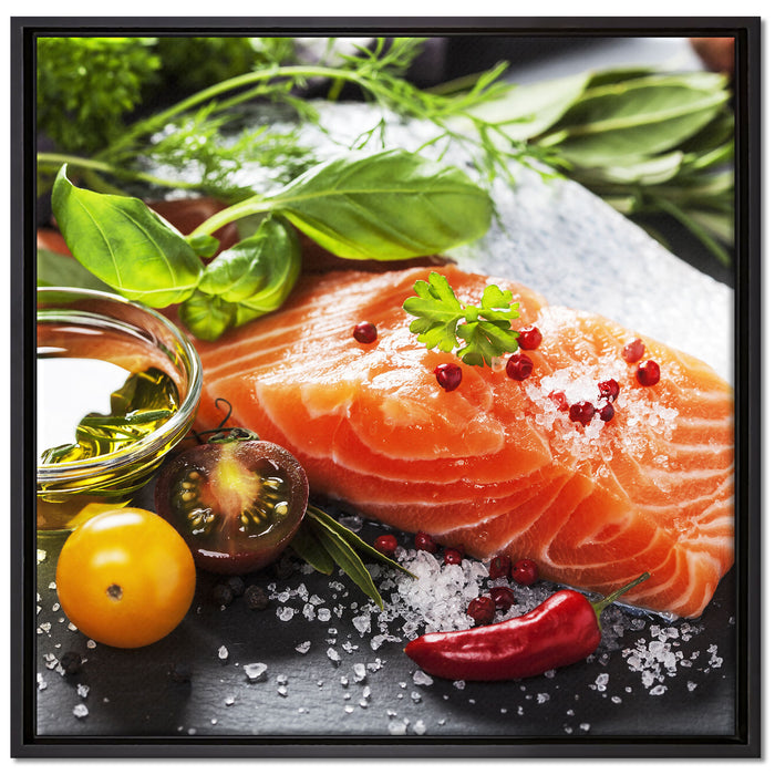 Frische Seelachsfilet auf Leinwandbild Quadratisch gerahmt Größe 70x70
