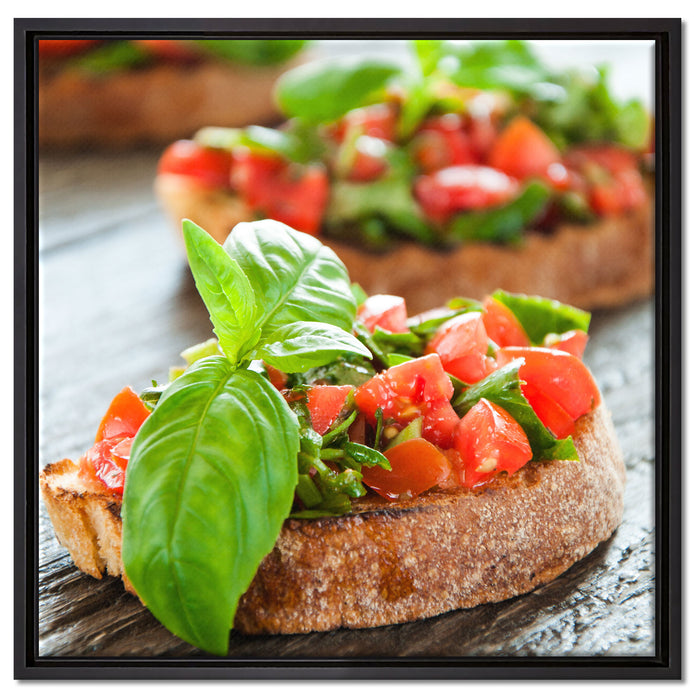 Köstliche Tomaten Bruchetta auf Leinwandbild Quadratisch gerahmt Größe 60x60