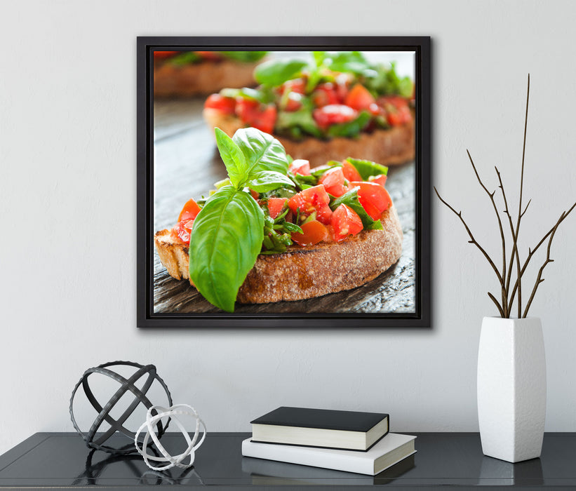 Köstliche Tomaten Bruchetta  auf Leinwandbild Quadratisch gerahmt mit Kirschblüten