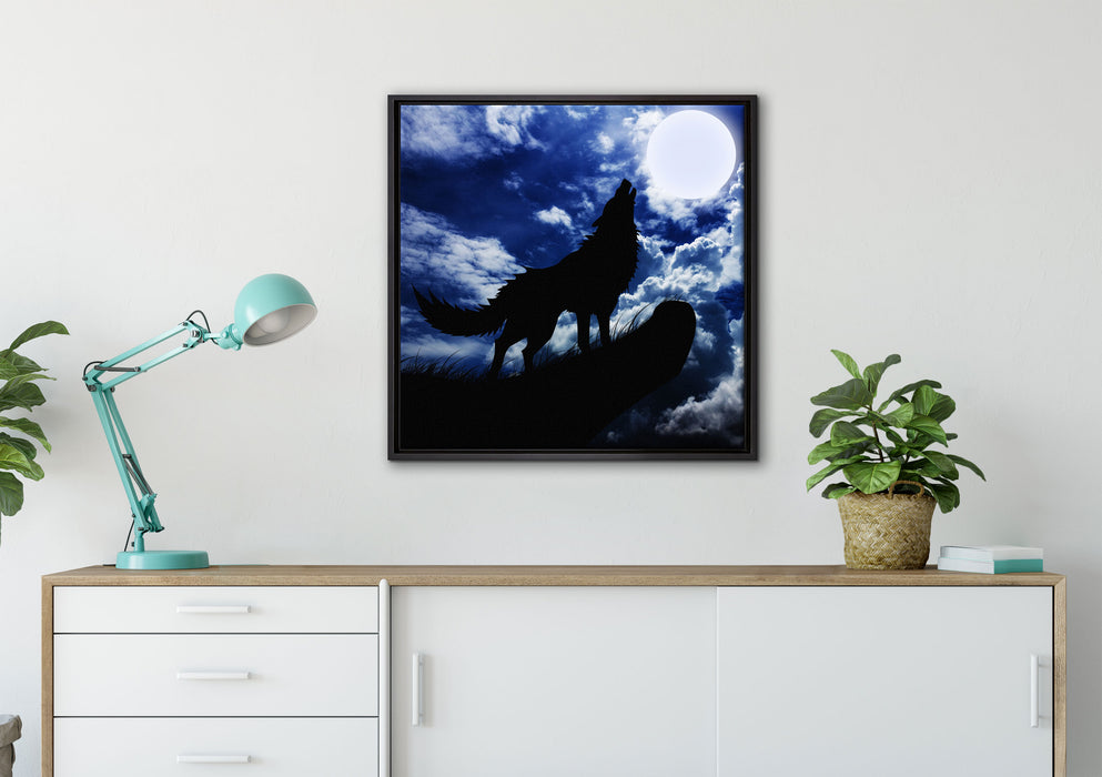 Wolf im Mondschein auf Leinwandbild gerahmt Quadratisch verschiedene Größen im Wohnzimmer