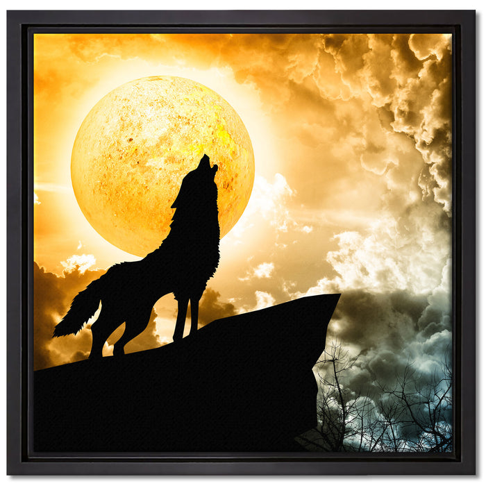 Wolf heult den Mond an auf Leinwandbild Quadratisch gerahmt Größe 40x40