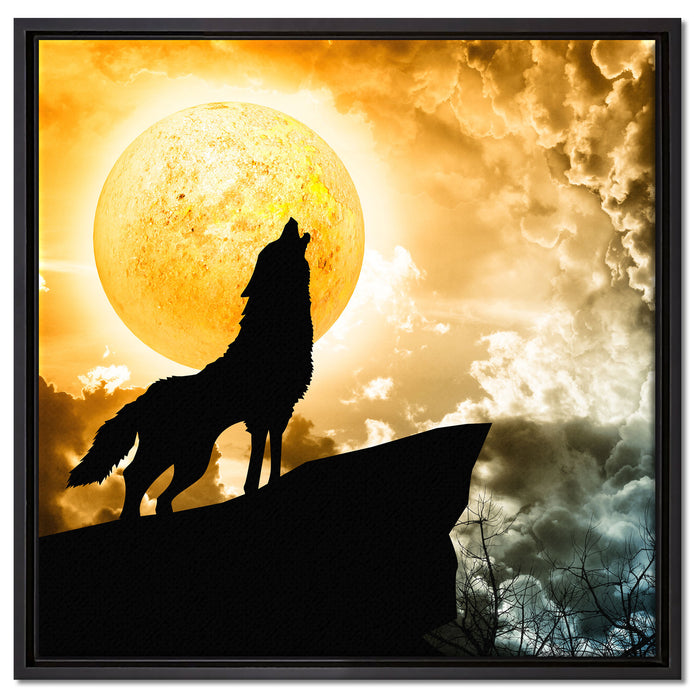 Wolf heult den Mond an auf Leinwandbild Quadratisch gerahmt Größe 60x60