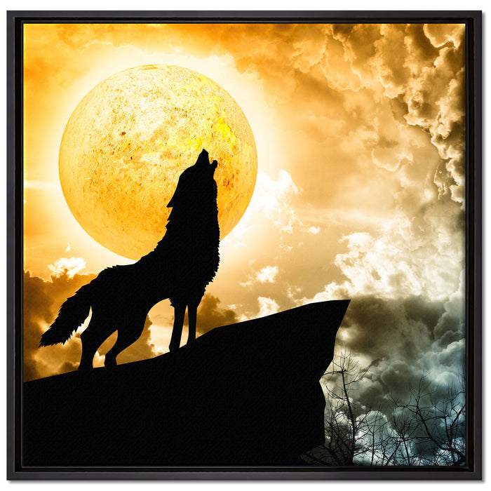 Wolf heult den Mond an auf Leinwandbild Quadratisch gerahmt Größe 70x70