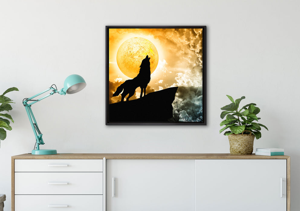 Wolf heult den Mond an auf Leinwandbild gerahmt Quadratisch verschiedene Größen im Wohnzimmer