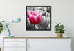 Tulpen im Morgentau auf Leinwandbild gerahmt Quadratisch verschiedene Größen im Wohnzimmer