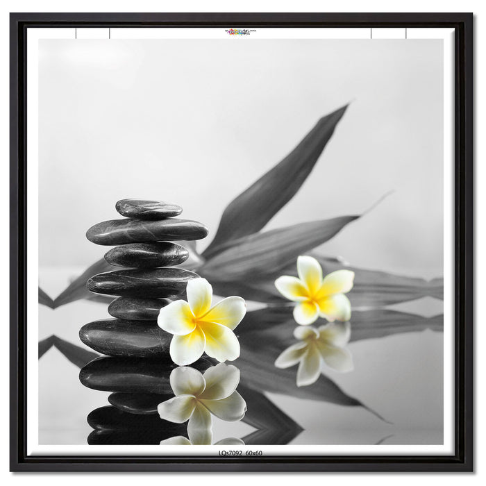 Monoi Blüten Zen Steinturm auf Leinwandbild Quadratisch gerahmt Größe 60x60