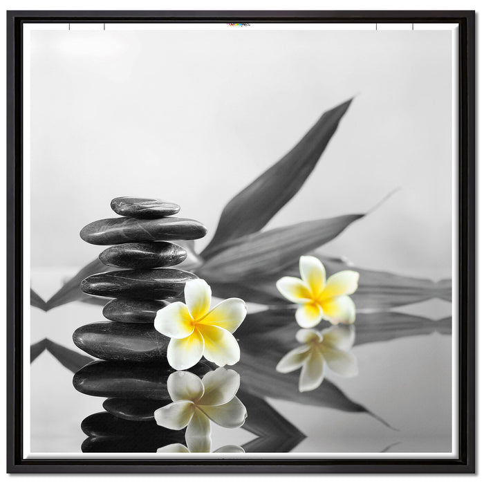 Monoi Blüten Zen Steinturm auf Leinwandbild Quadratisch gerahmt Größe 70x70