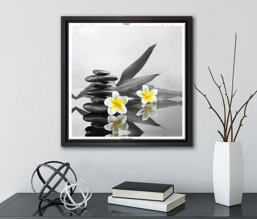 Monoi Blüten Zen Steinturm  auf Leinwandbild Quadratisch gerahmt mit Kirschblüten