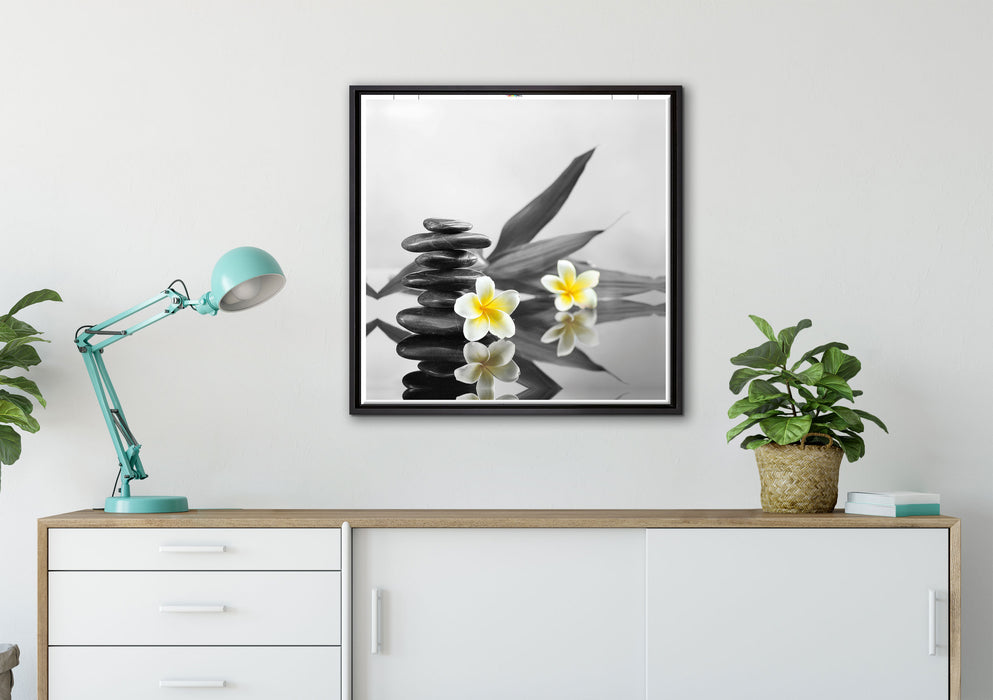 Monoi Blüten Zen Steinturm auf Leinwandbild gerahmt Quadratisch verschiedene Größen im Wohnzimmer
