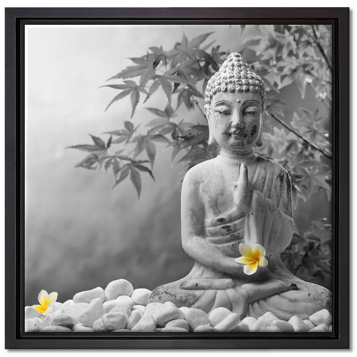 Buddha mit Monoi Blüte in der Hand auf Leinwandbild Quadratisch gerahmt Größe 40x40