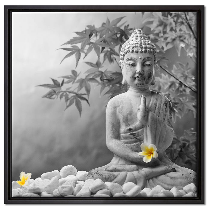 Buddha mit Monoi Blüte in der Hand auf Leinwandbild Quadratisch gerahmt Größe 60x60