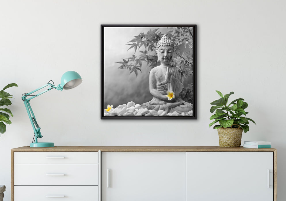 Buddha mit Monoi Blüte in der Hand auf Leinwandbild gerahmt Quadratisch verschiedene Größen im Wohnzimmer