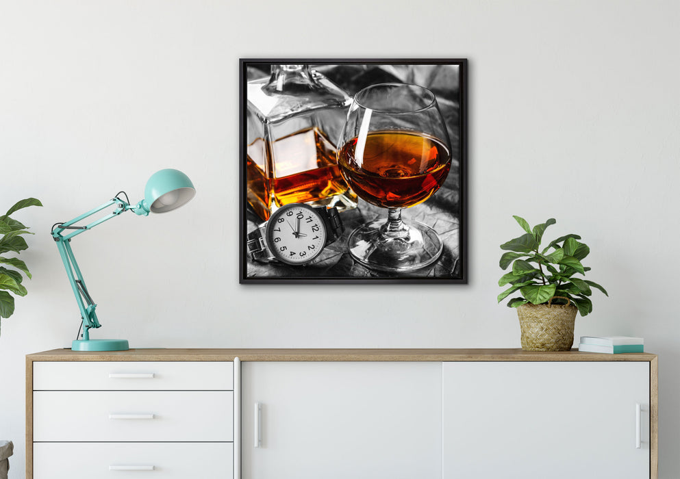 Man Things mit Whiskey und Uhr auf Leinwandbild gerahmt Quadratisch verschiedene Größen im Wohnzimmer