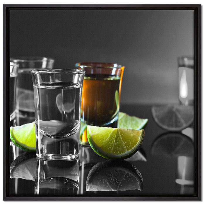 Tequila Shots mit Limetten auf Leinwandbild Quadratisch gerahmt Größe 70x70
