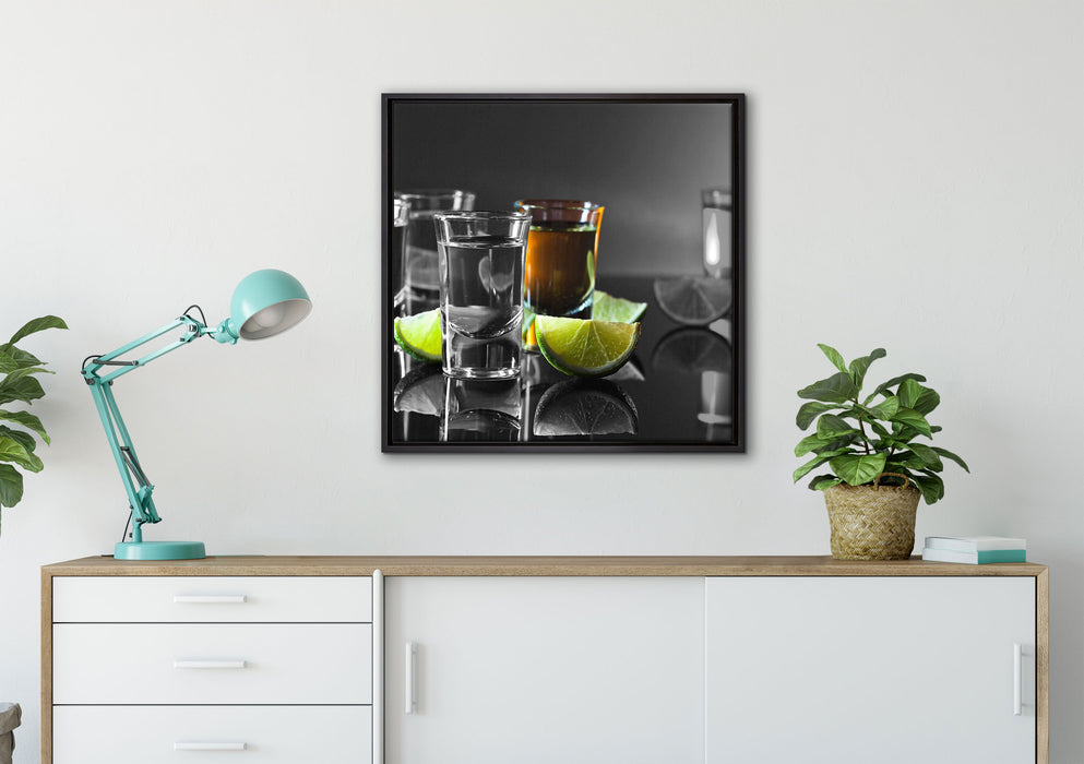 Tequila Shots mit Limetten auf Leinwandbild gerahmt Quadratisch verschiedene Größen im Wohnzimmer