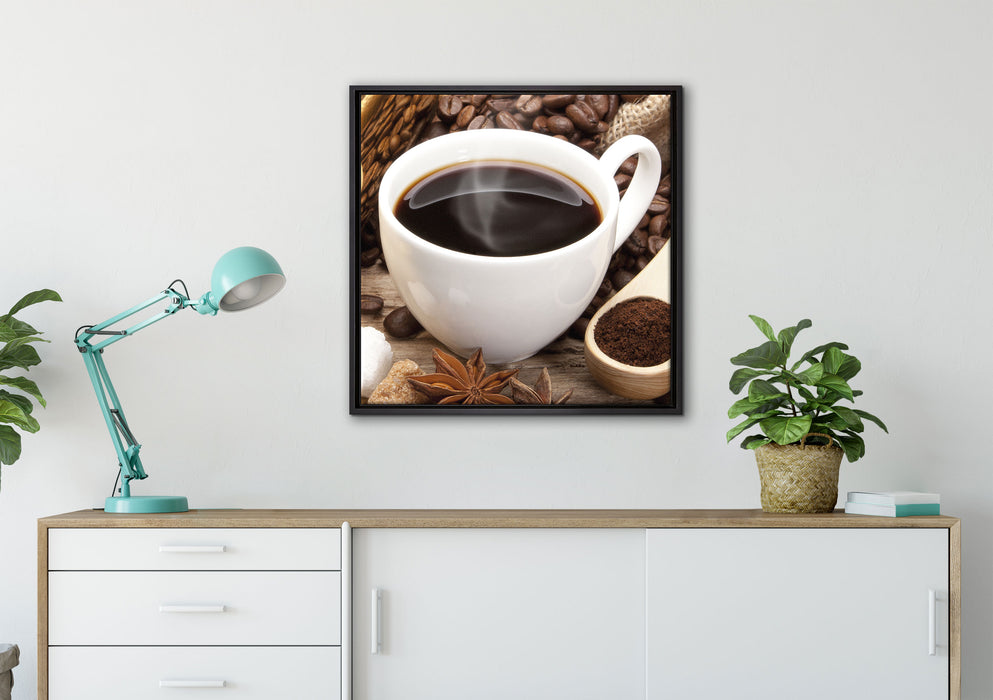 Edler Kaffee und Kaffeebohnen auf Leinwandbild gerahmt Quadratisch verschiedene Größen im Wohnzimmer