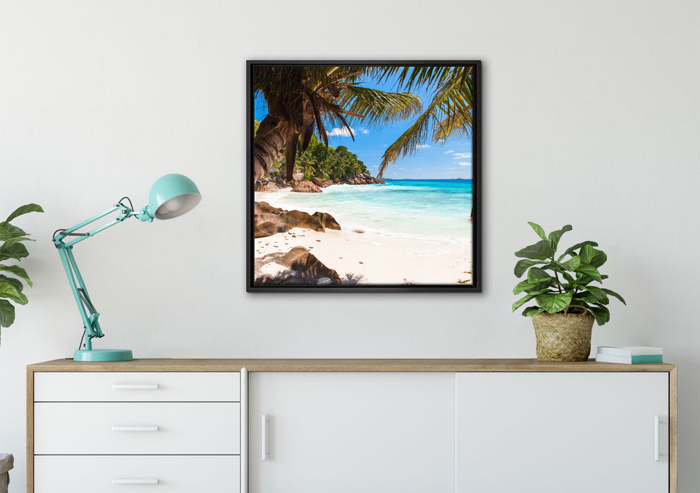 Palmenstrand Seychellen auf Leinwandbild gerahmt Quadratisch verschiedene Größen im Wohnzimmer