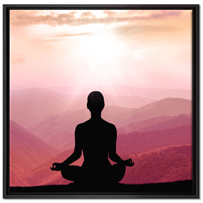 Meditierender Mensch in den Bergen auf Leinwandbild Quadratisch gerahmt Größe 70x70