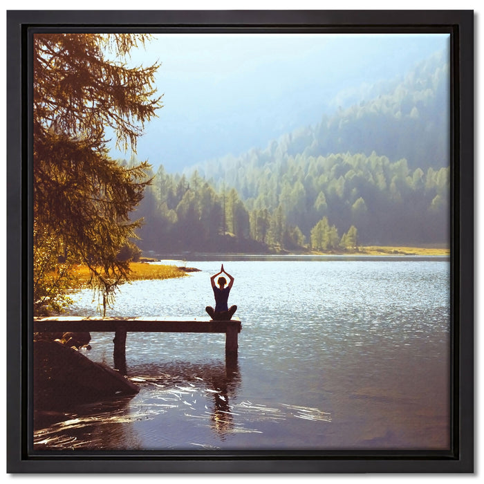 Yoga am See auf Leinwandbild Quadratisch gerahmt Größe 40x40