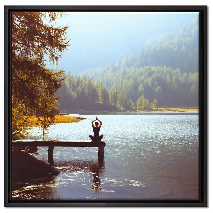 Yoga am See auf Leinwandbild Quadratisch gerahmt Größe 60x60
