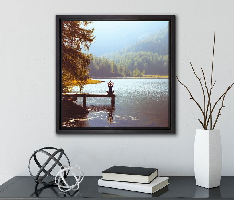 Yoga am See  auf Leinwandbild Quadratisch gerahmt mit Kirschblüten