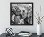 Elefantenmutter mit Kalb B&W  auf Leinwandbild Quadratisch gerahmt mit Kirschblüten