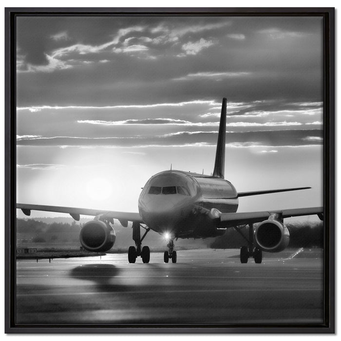 Landendes Flugzeug auf Leinwandbild Quadratisch gerahmt Größe 70x70
