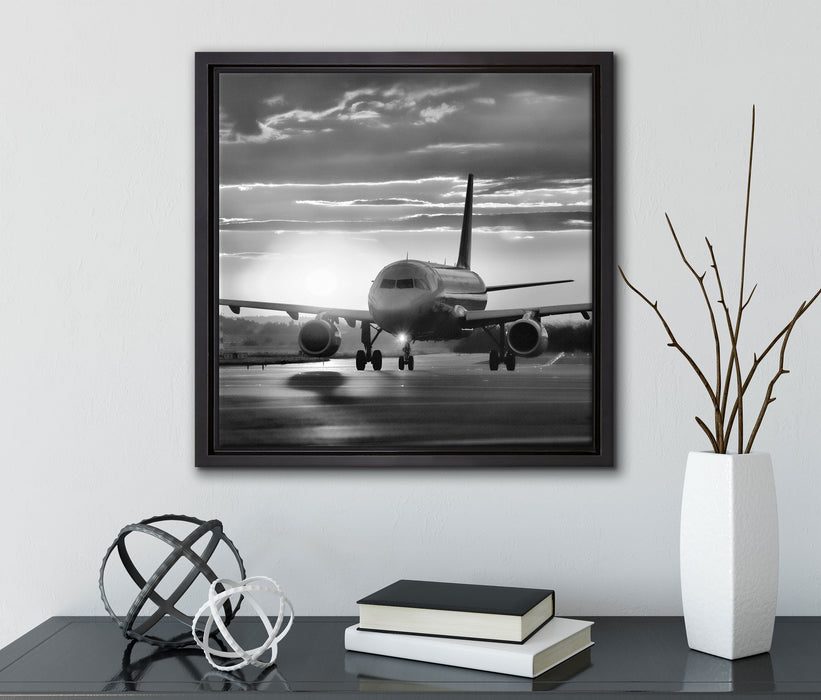 Landendes Flugzeug  auf Leinwandbild Quadratisch gerahmt mit Kirschblüten