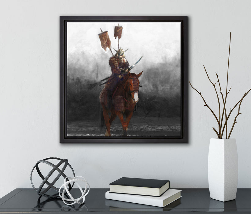 Samurai Krieger auf einem Pferd  auf Leinwandbild Quadratisch gerahmt mit Kirschblüten