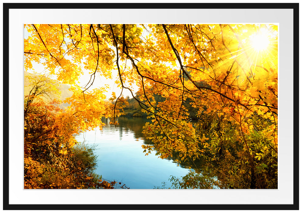 Pixxprint Landschaft mit See und Bäumen, im Galerie-Passepartout Bilderrahmen