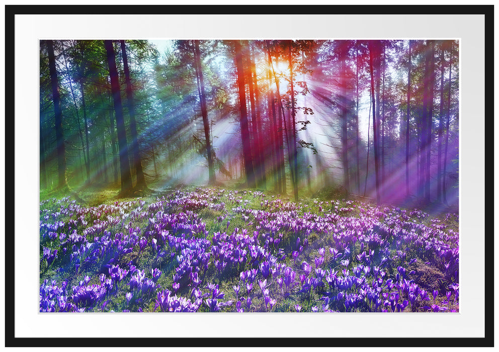 Pixxprint Krokusse im Wald, im Galerie-Passepartout Bilderrahmen
